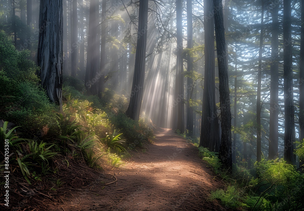 Forest Trail Sunbeams Through Fog Redwood Forest Trail Sunbeams Through Fog Redwood