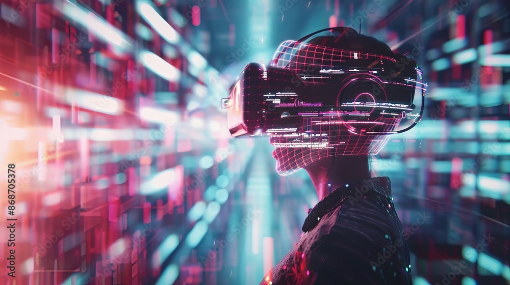 Fototapeta premium Smart technology, like AI and robots, is creating a digital world connected to our physical world. This metaverse will use big data to improve security and create new possibilities for the future.