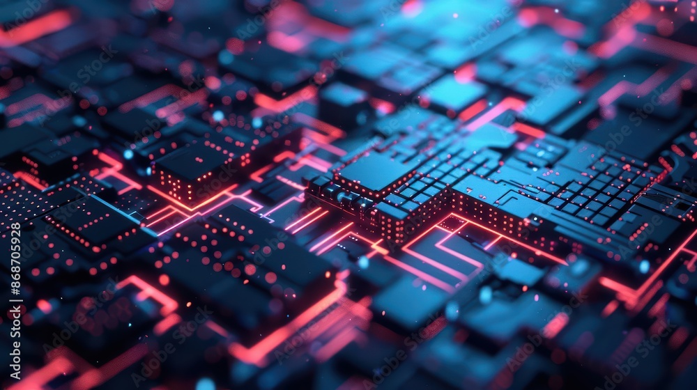Abstract depiction of a disrupted computer with futuristic, geometric shapes and glowing highlights with copy space