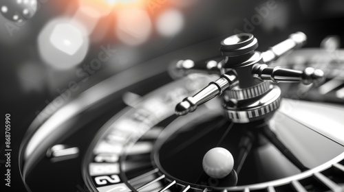 A black and white image of a casino roulette wheel, with the ball in motion. The minimalist design and monochromatic color scheme add a touch of sophistication to the image.