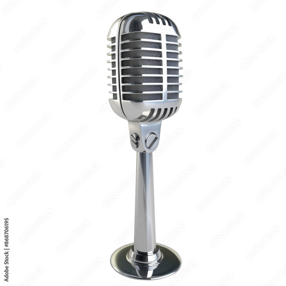 Fototapeta premium Vintage silver microphone with a stand, isolated on a white background. Perfect for music, podcast, and broadcasting themes.