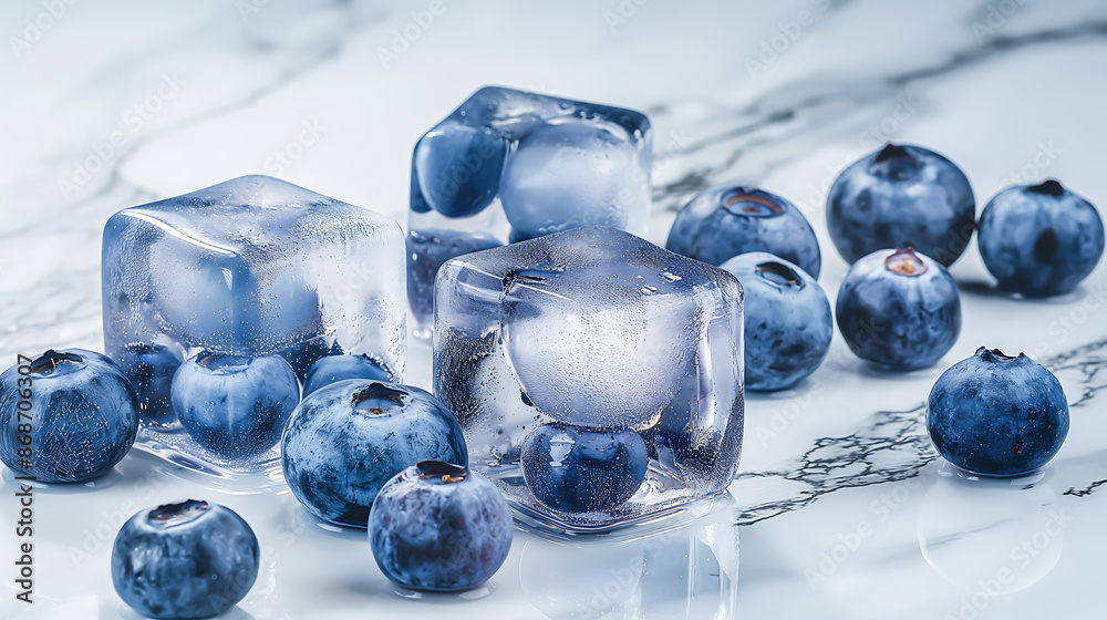 Ice cubes with blueberries on a marble surface, Fresh blueberries in ice cubes Ice cubes with blueberries on a marble surface, Fresh blueberries in ice cubes