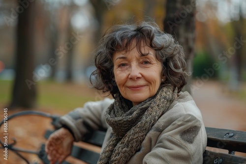 woman outdoor senior happy retirement elderly portrait female active park smiling old fun nature happiness mature lifestyle beautiful bench vitality, Generative AI © Visual Prospects