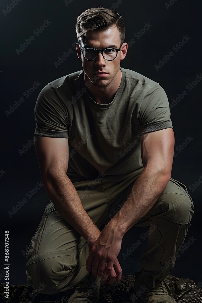 Handsome Man Posing in Khaki Pants with Studio Lighting Handsome Man Posing in Khaki Pants with Studio Lighting