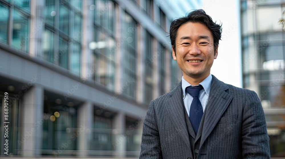 Portrait of a happy japanese businessman in front of a big office building. Portrait of a happy japanese businessman in front of a big office building.