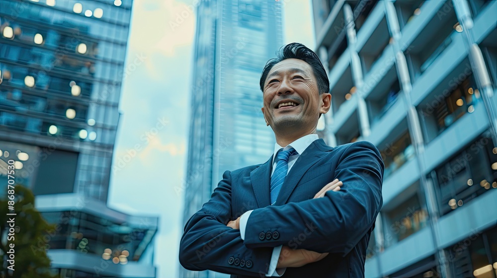 Fototapeta premium Portrait of a happy japanese businessman in front of a big office building.