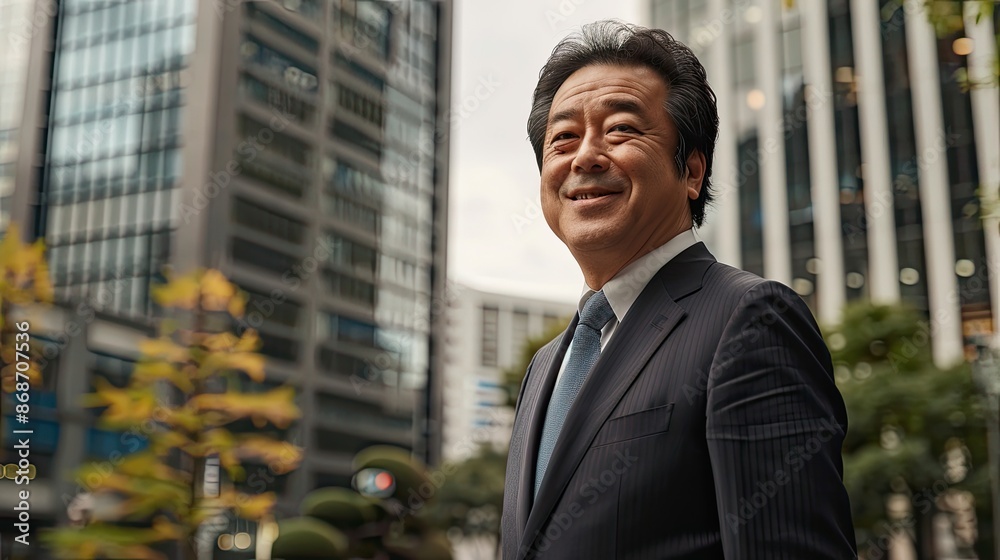 Portrait of a happy japanese businessman in front of a big office building. Portrait of a happy japanese businessman in front of a big office building.