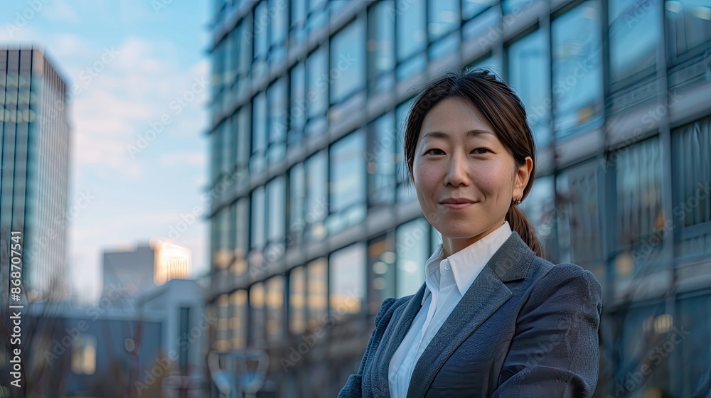Portrait of a happy japanese businesswoman in front of a big office building Portrait of a happy japanese businesswoman in front of a big office building