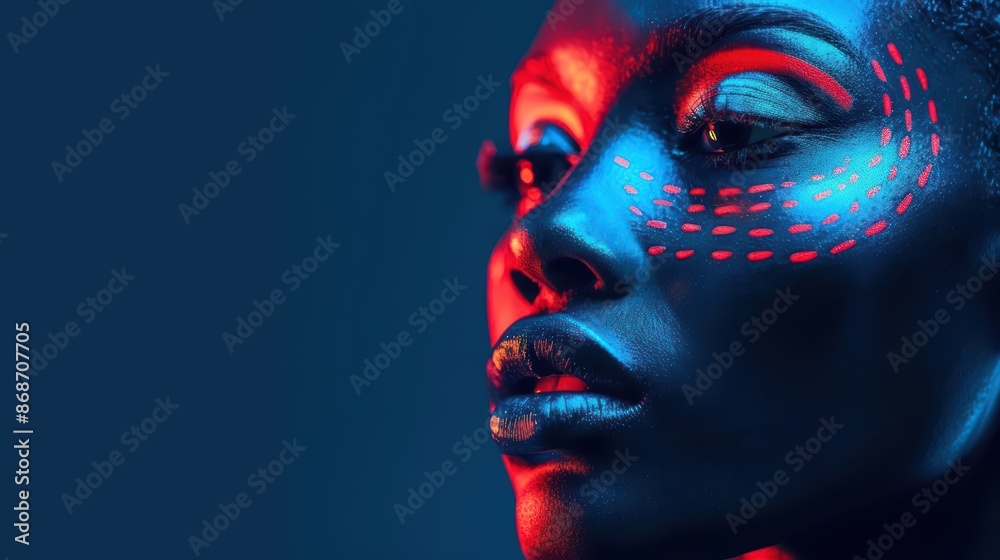 Abstract depiction of futuristic makeup with geometric shapes and glowing highlights with copy space Abstract depiction of futuristic makeup with geometric shapes and glowing highlights with copy space