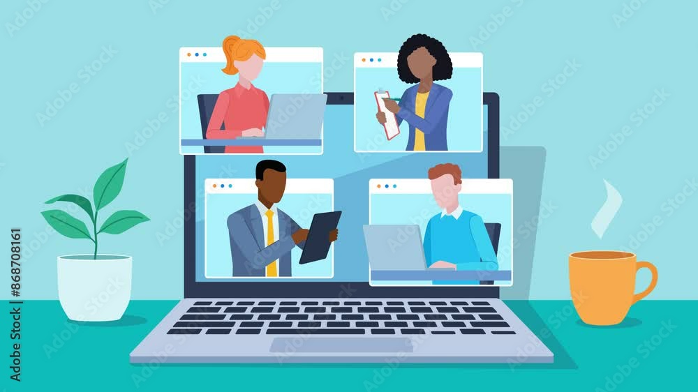 A desk with a laptop on it. Tiles with images of employees during a meeting appear on the laptop screen. Fleet-style animation of an online employee meeting. A desk with a laptop on it. Tiles with images of employees during a meeting appear on the laptop screen. Fleet-style animation of an online employee meeting.