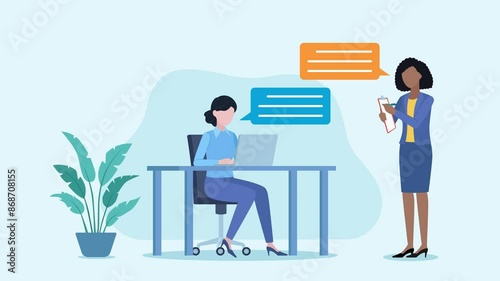 Conversation between female employees in the office. Conversation clouds appear next to the characters. A woman sits at a desk and writes on a laptop. The figure stands and takes notes.