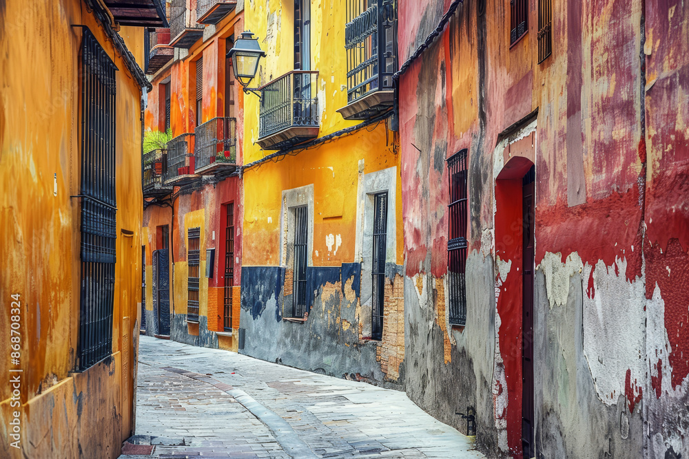 Fototapeta premium A narrow alleyway with a red door on the right