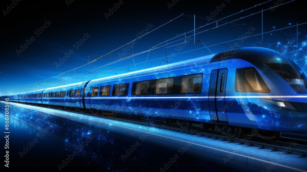 Abstract 3d wireframe of modern train at railway station resembling starry sky in dark blue Abstract 3d wireframe of modern train at railway station resembling starry sky in dark blue