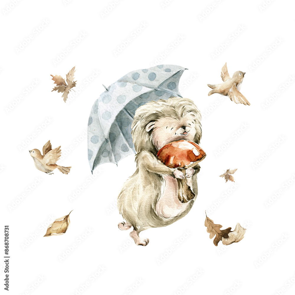 Obraz premium Watercolor nursery set. Hand painted rainy autumn composition of cute hedgehog character, forest fall leaves, dried leaf, birds isolated on background. Baby illustration for card design, print, poster