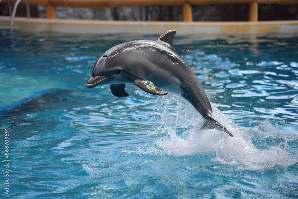 Fototapeta premium A dolphin is jumping out of the water in a pool