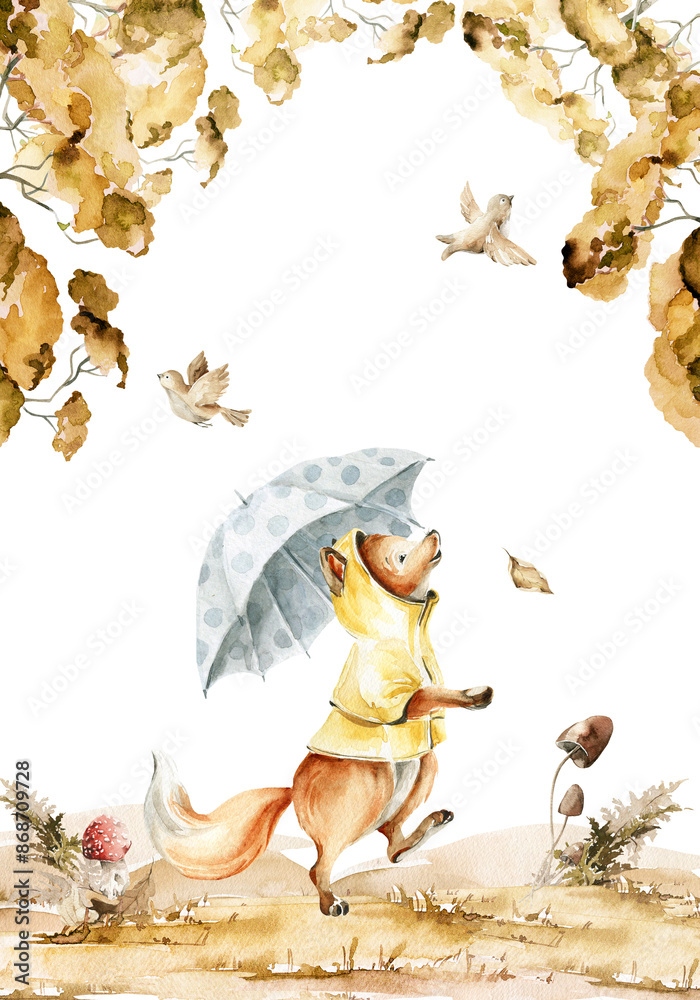 Obraz premium Watercolor nursery set Hand painted autumn composition of cute fox character, rain, forest fall leaves, tree branch isolated on white background Baby frame illustration for card design, print, poster