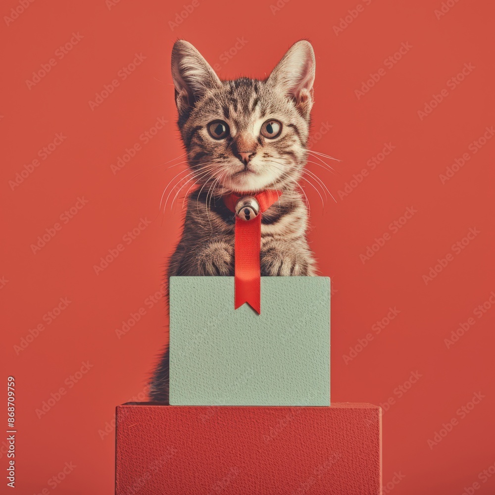 Cute tabby kitten with red ribbon peeking out of a box against a red background. Cute tabby kitten with red ribbon peeking out of a box against a red background.