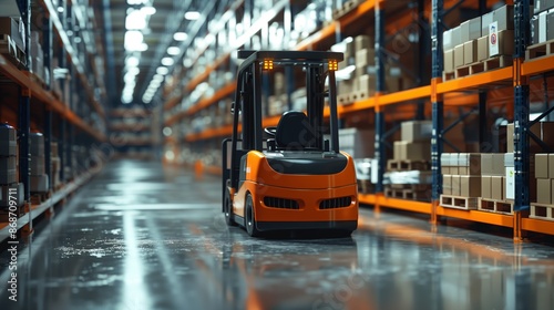 Automated Forklift doing storage in a warehouse managed by machine learning and artificial intelligence, robotics applied to industrial logistics.