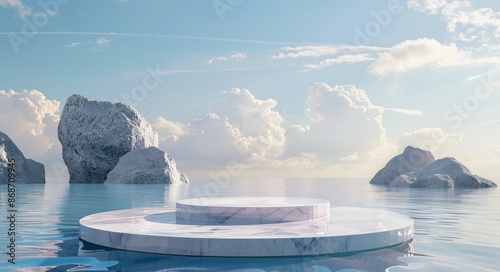 Minimalistic Blue Background with a White Marble Podium on Water surrounded by Rocks for Product and Cosmetic Branding. Packaging Display during Sunset. Realistic 3D Rendering Illustration © AminaDesign