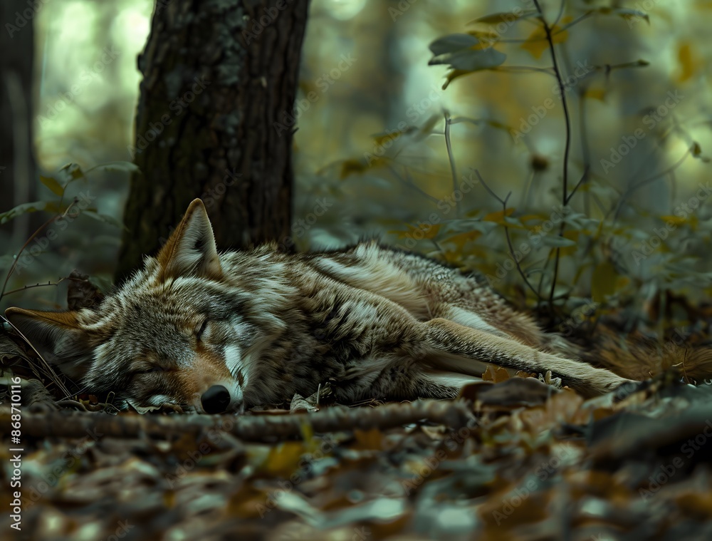 Sleeping Coyote in Forest - Cinematic Photo Sleeping Coyote in Forest - Cinematic Photo