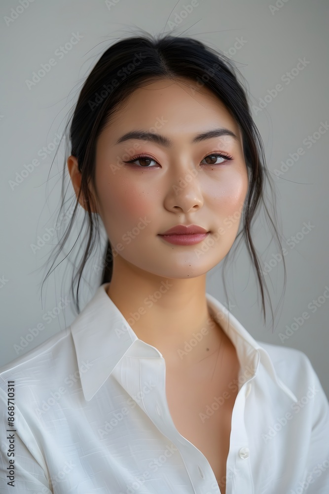 Asian Woman with Black Hair in White Shirt, Studio Portrait