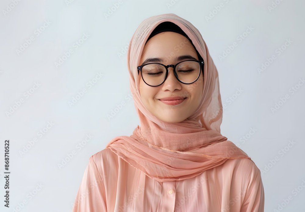 Elegant Hijabi Woman in Light Pink Attire Smiling Softly Elegant Hijabi Woman in Light Pink Attire Smiling Softly