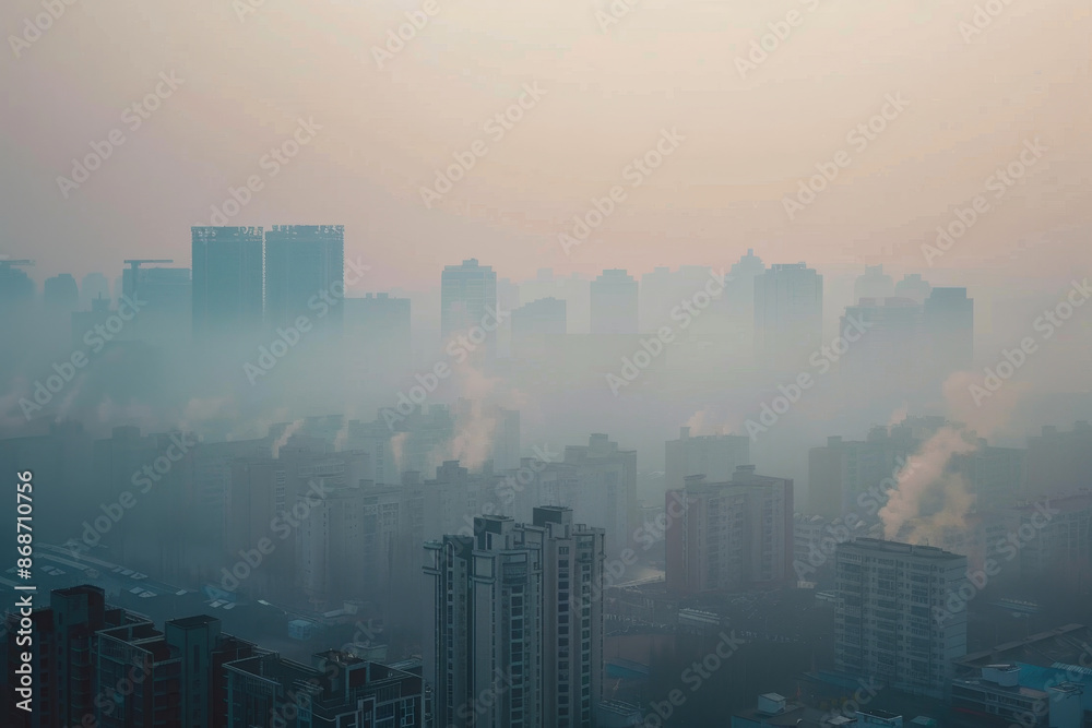 A city skyline with a foggy haze in the background A city skyline with a foggy haze in the background