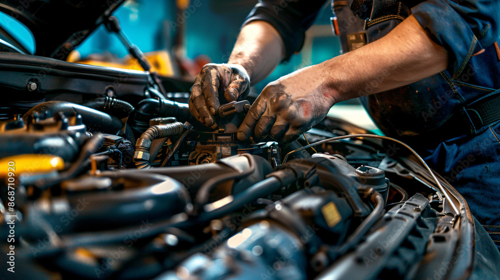 Obraz premium close up man hands working on a car engine