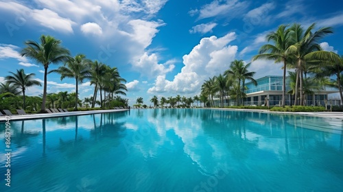 Luxurious maldives resort poolside oasis with palm trees and blue sky for ultimate relaxation
