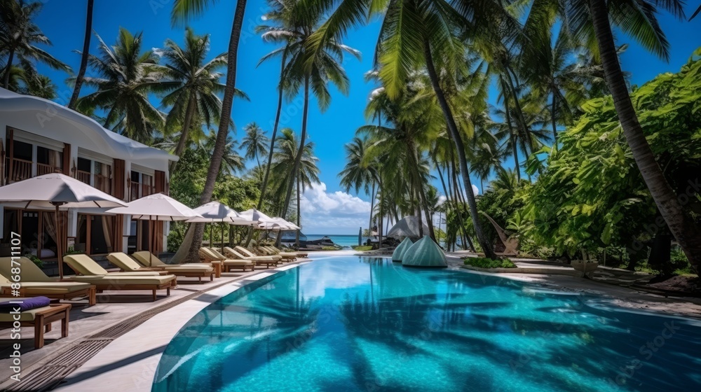 Luxurious maldives resort poolside oasis with palm trees and blue sky for a peaceful vacation Luxurious maldives resort poolside oasis with palm trees and blue sky for a peaceful vacation