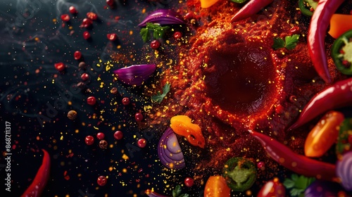 Futuristic depiction of a Mexican food explosion with glowing spices and colorful ingredients with copy space