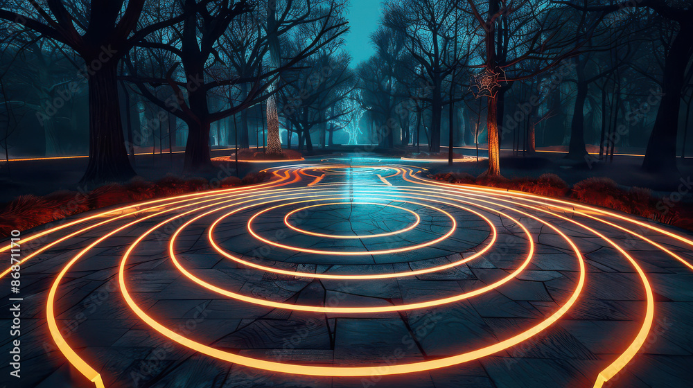 Fototapeta premium AI-powered holographic haunted hayride through a neon-lit forest, creating an interactive Halloween experience, top view, futuristic tone, vivid