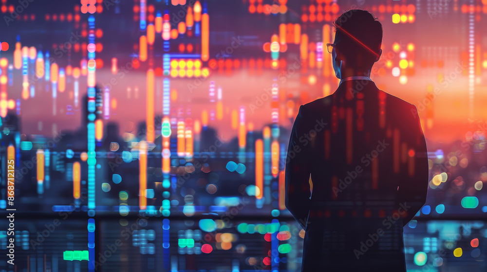 A man in a suit stands in front of a city skyline with a red stripe on his head A man in a suit stands in front of a city skyline with a red stripe on his head