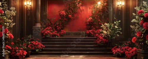 Charming podium display with rose flowers, captivating background, and elegant details., © prabhada