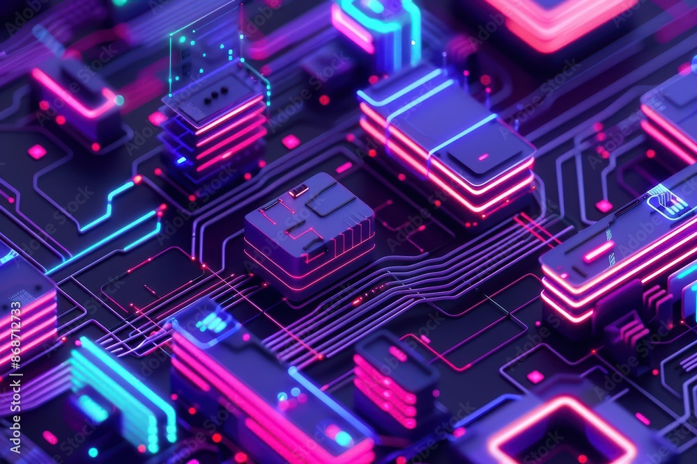 Hightech illustration of peculiar marketing tactics with vibrant neon accents and modern aesthetics with copy space