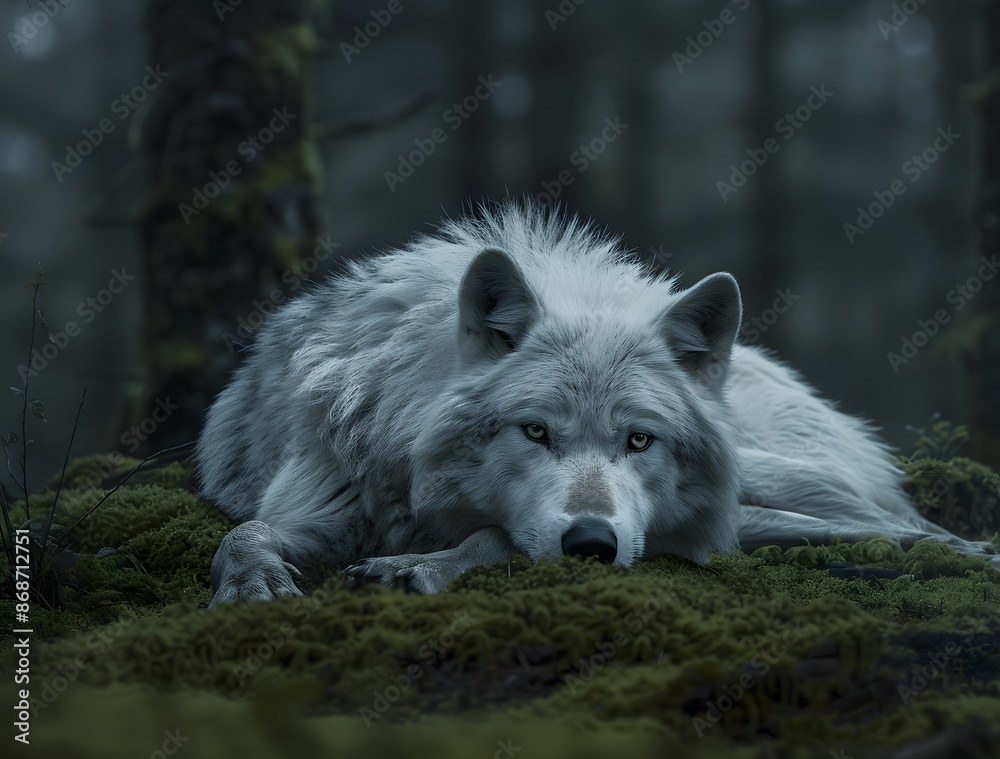 Arctic Wolf Resting in Mossy Forest