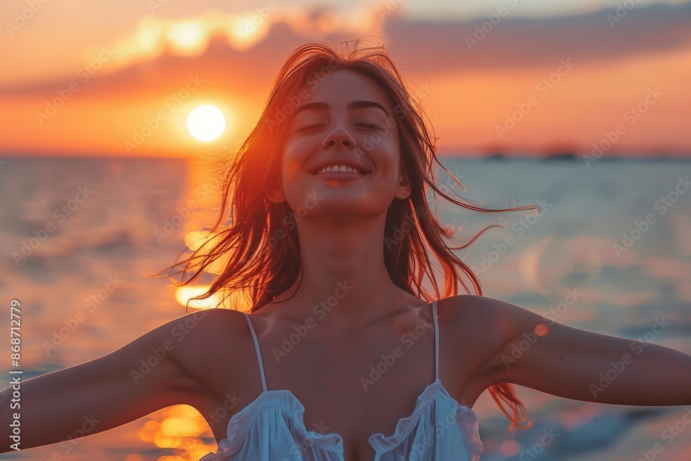 Backlit Portrait of calm happy smiling free woman with open arms and closed eyes enjoys a beautiful moment life on the seashore at sunset, Generative AI Backlit Portrait of calm happy smiling free woman with open arms and closed eyes enjoys a beautiful moment life on the seashore at sunset, Generative AI