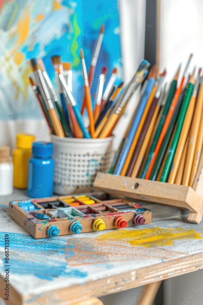 Colorful artist's palette with brushes and paints Colorful artist's palette with brushes and paints