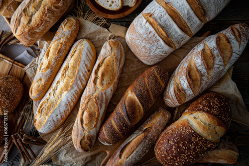 A variety of breads are displayed on a table, including some with seeds