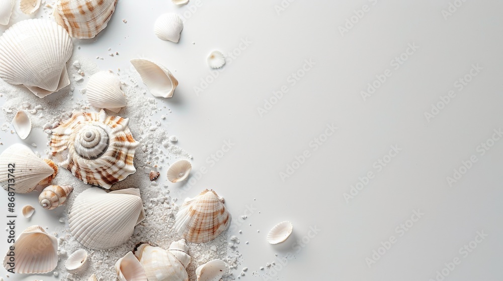 White Seashells and Sand on a White Background White Seashells and Sand on a White Background