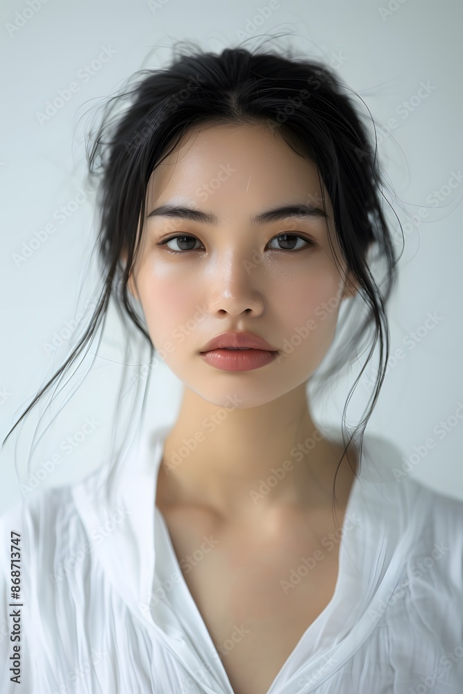 Portrait of Asian Woman with Black Hair in White Shirt Portrait of Asian Woman with Black Hair in White Shirt