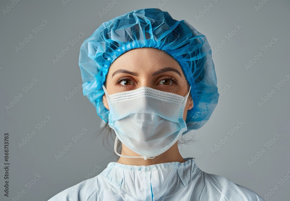 Close-Up Portrait of Female Doctor in Surgical Cap and Mask Close-Up Portrait of Female Doctor in Surgical Cap and Mask