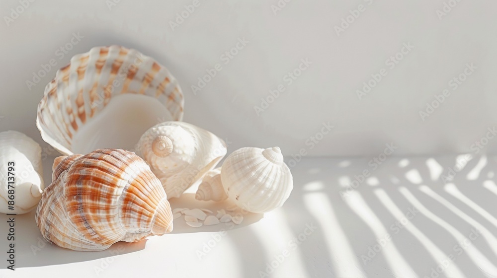 Seashells on White Surface With Palm Tree Shadow in Sunlight Seashells on White Surface With Palm Tree Shadow in Sunlight