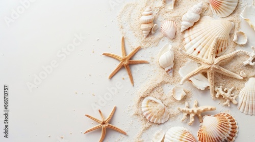 White Sand And Seashells On A White Background With Starfish