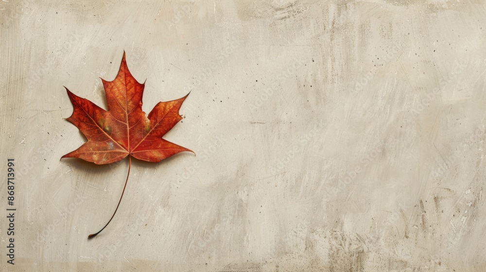 Single Red Maple Leaf on Light Grey Background Single Red Maple Leaf on Light Grey Background