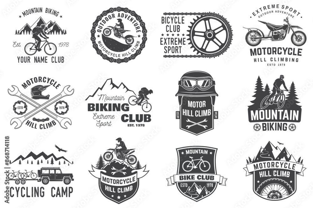 Set of Mountain biking and motorcycle hill climb collection. Vector. Concept for head badges, shirt, print, stamp or biking tourism. Vintage typography design with forest, mountain bike, motorcycle