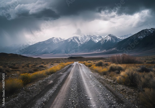 Desert Road Leading to Snowy Mountains