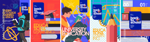 Educationand college. Back to school. Vector illustration of university student reading, stack of textbooks with graduate hat, stationery, pencil, notepad and books for poster, greeting card, flyer or