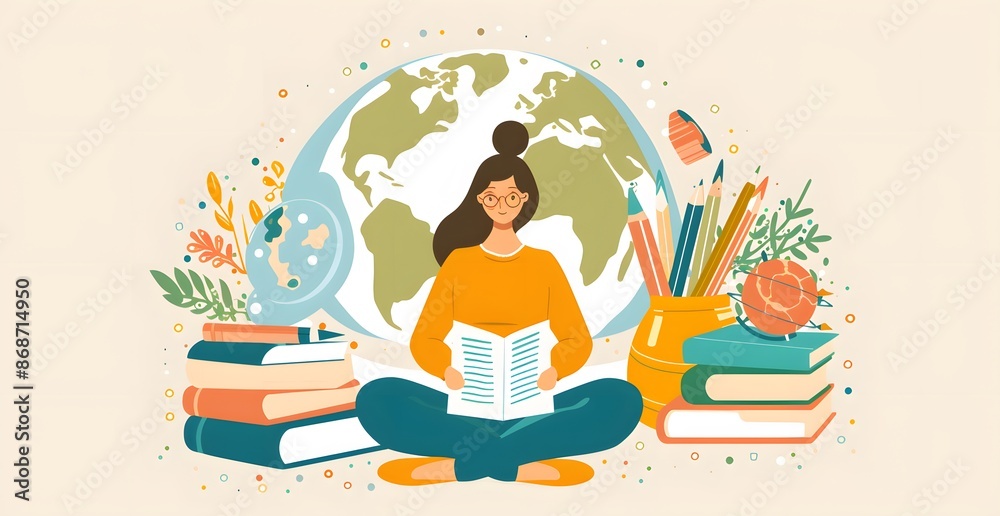 Flat Illustration of Earth with Books and Woman in Soft Pastels Flat Illustration of Earth with Books and Woman in Soft Pastels