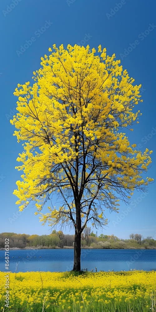 Fototapeta premium A large tree with yellow leaves stands in a field of yellow flowers with a lake and blue sky in the background
